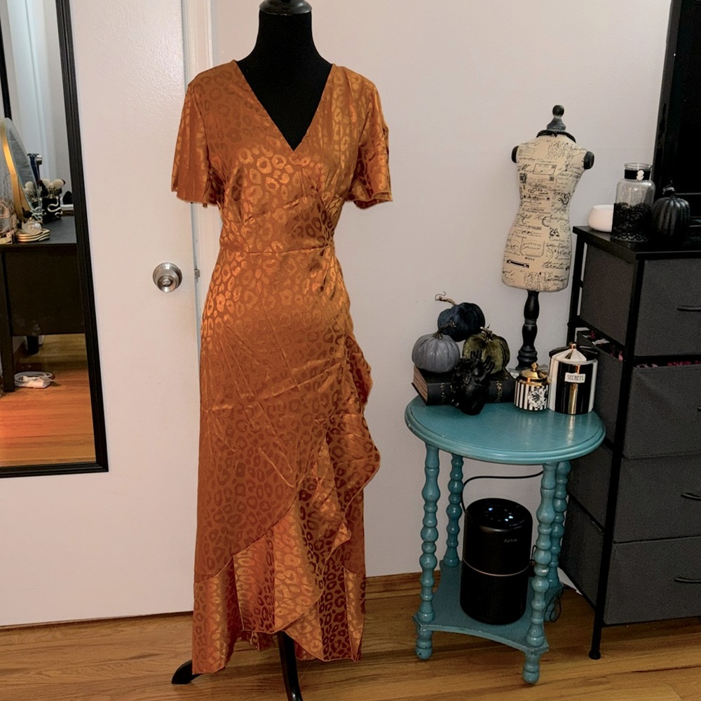 Burnt Orange Ruffle Leopard Satin Dress